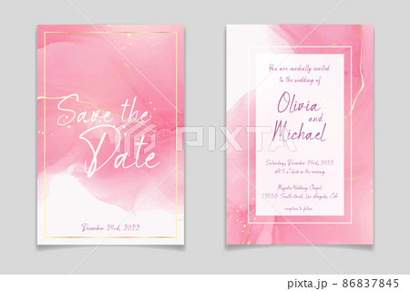 Rose pink liquid watercolor background with golden dots. Dusty blush marble alcohol ink drawing effect. Vector illustration design template for wedding invitation, menu, rsvp 86837845
