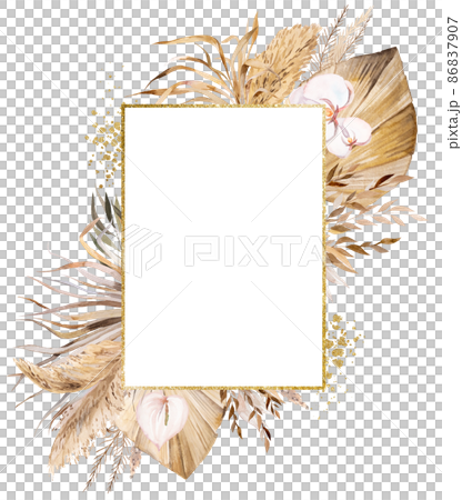 Watercolor Bohemian rectangular golden frame with dried leaves and tropical flowers illustration 86837907