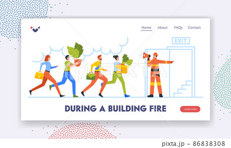 Hazard at Workplace Landing Page Template. Fireman with Megaphone Announce Fire Emergency Evacuation Alarm 86838308