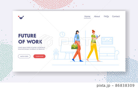 Future of Work Landing Page Template. Female Character Hybrid Work, Woman at Separated Area Office and Home Interior 86838309