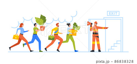 Hazard at Workplace. Fireman with Megaphone Announce Fire Emergency Evacuation Alarm. Alert Building Occupants Escape Hazard at Workplace. Fireman with Megaphone Announce Fire Emergency Evacuation Alarm. Alert Building Occupants Escape 86838328