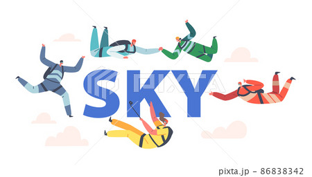 Sky Concept. Base Jumping and Parachuting Extreme Sport Activities, Recreation. Skydiver Characters Jump with Parachute Sky Concept. Base Jumping and Parachuting Extreme Sport Activities, Recreation. Skydiver Characters Jump with Parachute 86838342