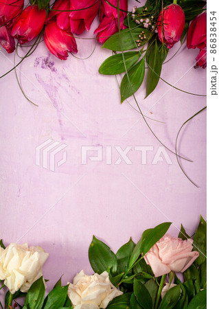 Spring summer border template floral background. Light air delicate artistic image, free space. Spring summer border template floral background. Light air delicate artistic image, free space. 86838454