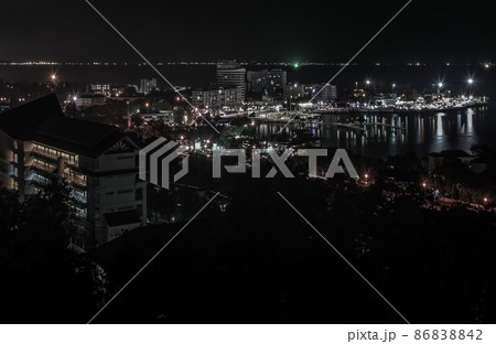 Laem Thaen with top view on Khao Sam Muk Mountain at night view of chonburi, Beautiful Khao Sam Muk view point twilight. 86838842