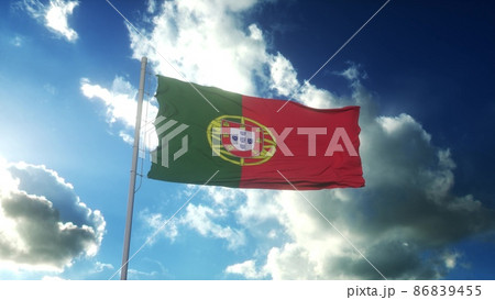 Flag of Portugal waving at wind against beautiful blue sky. 3d rendering 86839455
