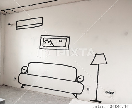 Apartment renovation concept. Room design painted on the wall. 86840216