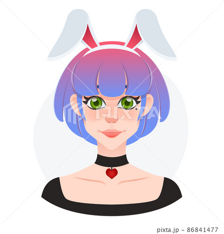 Pretty young woman cartoon avatar. Short hair beauty with rabbit ears acessory. Girl in wonderland. Gradient hairstyle Pretty young woman cartoon avatar. Short hair beauty with rabbit ears acessory. Girl in wonderland. Gradient hairstyle 86841477