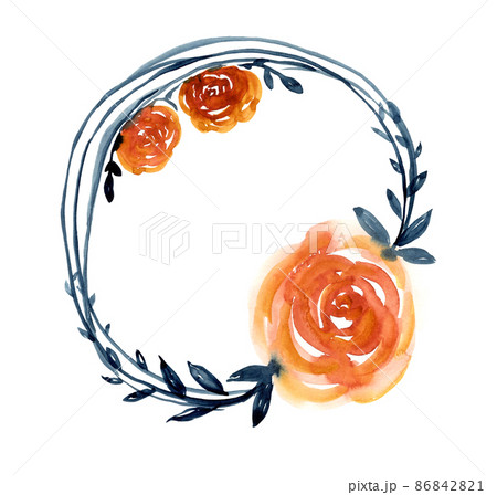 Watercolor round wreath with orange flowers 86842821