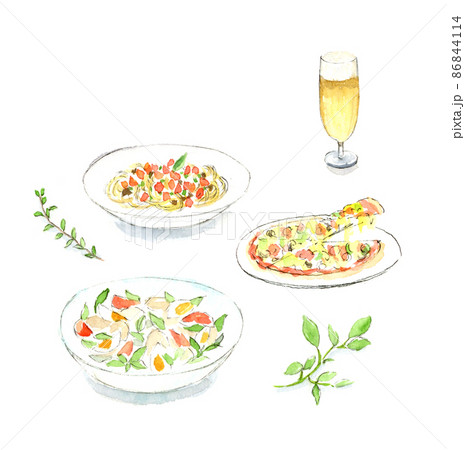 イタリアンの料理　ピザとパスタとサラダ　水彩イラスト　影あり　アナログ手描き 86844114