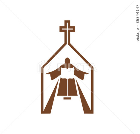 Christianity religion vector icon, praying person with open Bible inside of church building with cross. Christian catholic faith, religious brown symbol Christianity religion vector icon, praying person with open Bible inside of church building with cross. Christian catholic faith, religious brown symbol 86844147