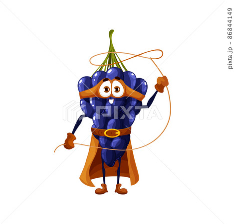 Cartoon grape cowboy superhero character, vector super hero bunch personage in cape and mask spinning lasso. Funny cheerful fairytale healthy food, brave garden fruit ready for adventure feat Cartoon grape cowboy superhero character, vector super hero bunch personage in cape and mask spinning lasso. Funny cheerful fairytale healthy food, brave garden fruit ready for adventure feat 86844149
