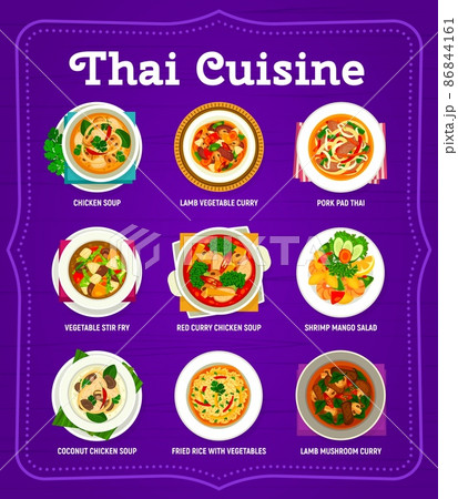 Thai cuisine menu page. Coconut chicken soup, lamb vegetable curry and pad Thai, vegetable stir fry, red curry chicken soup and shrimp mango salad, fried rice with vegetables and lamb mushroom curry Thai cuisine menu page. Coconut chicken soup, lamb vegetable curry and pad Thai, vegetable stir fry, red curry chicken soup and shrimp mango salad, fried rice with vegetables and lamb mushroom curry 86844161
