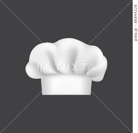 Realistic chef hat or cook cap and baker toque, vector 3D white chef hat. Kitchen chef hat with folds, restaurant cook and culinary baker uniform or headwear item, gourmet food symbol 86844228