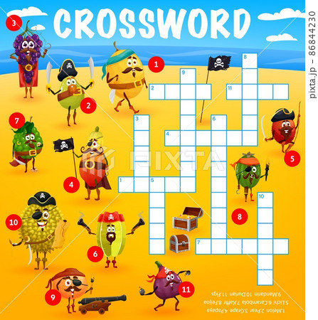 Crossword grid worksheet, find a word quiz. Cartoon funny pirate and corsair fruits vector game. Grape, pear, melon, kaffir and papaya, durian, carambola, mandarin, figs and feijoa or lichi buccaneers 86844230