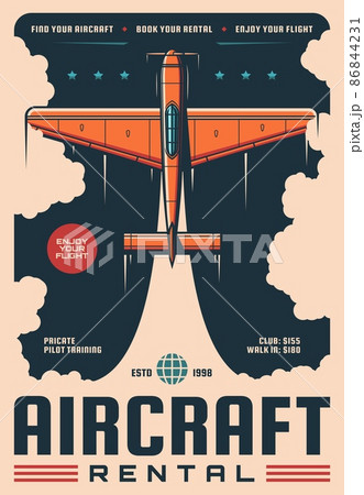 Aircraft rental service, vintage vector poster with retro airplane. Air plane travel tours and private jet flights, aviation adventure and aviators club training, aircraft booking and rental 86844231