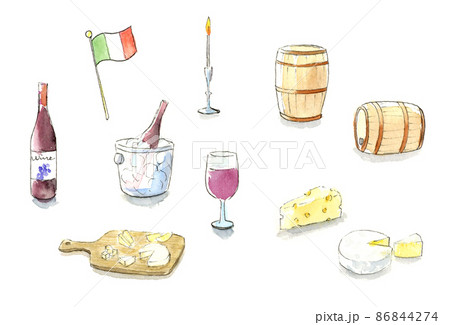 ワインとチーズの水彩イラストセット　影あり　アナログ手描き 86844274