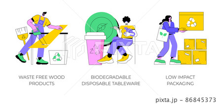Sustainable materials abstract concept vector illustration set. Waste free wood products, biodegradable eco friendly disposable tableware, low impact packaging, shipping box abstract metaphor. Sustainable materials abstract concept vector illustration set. Waste free wood products, biodegradable eco friendly disposable tableware, low impact packaging, shipping box abstract metaphor. 86845373