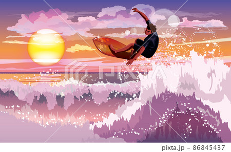 海でサーフィンをしている男性のイメージイラスト（夕陽） 86845437