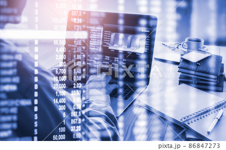 Stock market or forex trading graph and candlestick chart suitable for financial investment concept. Economy trends background for business idea and all art work design. Abstract finance background. Stock market or forex trading graph and candlestick chart suitable for financial investment concept. Economy trends background for business idea and all art work design. Abstract finance background. 86847273