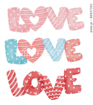 group of cute love word text collection in multiple style cartoon watercolor vector hand painting, love alphabet in red, pink and multiple color 86847362