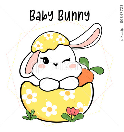 Cute Baby Bunny Rabbith White In Easter Egg のイラスト素材