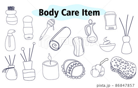A large set of items for the bathroom and shower. Face and body care. Scents for the home. Vector illustration in linear design on a white background. A large set of items for the bathroom and shower. Face and body care. Scents for the home. Vector illustration in linear design on a white background. 86847857