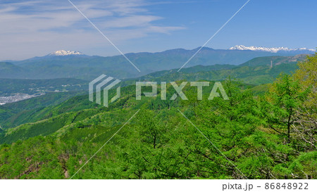 新緑のビーナスラインから望む残雪の八ヶ岳・中央アルプス 86848922