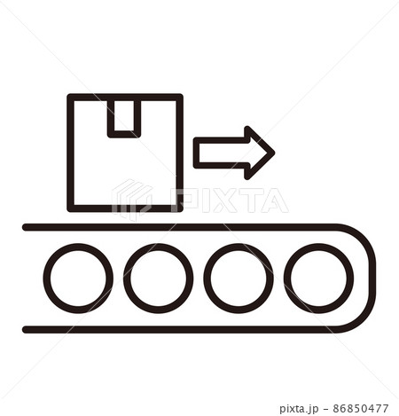 ダンボール箱とベルトコンベアーのシンプルな線画アイコン 白背景のイラスト素材