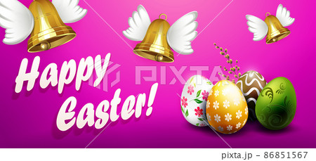 Purple composition with Easter eggs, bells with wings 86851567