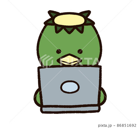 ノートパソコンを操作するかわいい河童のイラスト素材 ノートパソコンを操作するかわいい河童のイラスト素材