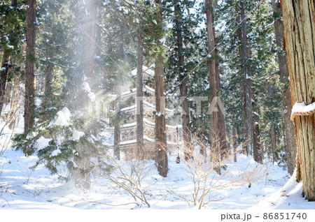 冬晴れの羽黒山五重塔　雪景色　山形県 86851740