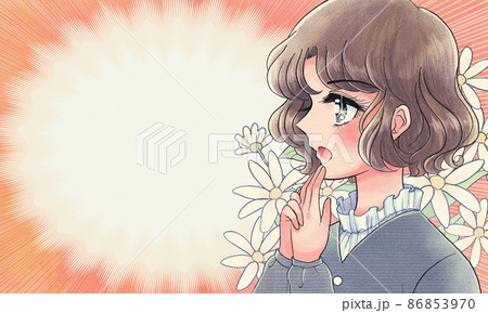 昭和の少女漫画風・驚く少女と花のバナー 86853970