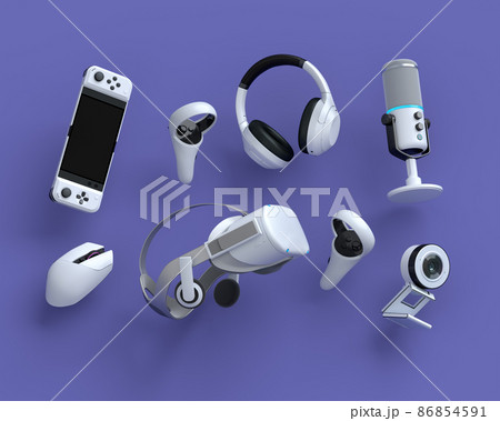 Flying gamer gears like keyboard, joystick, headphones, VR glasses, microphone on purple table background. 3d rendering of accessories for live streaming concept Flying gamer gears like keyboard, joystick, headphones, VR glasses, microphone on purple table background. 3d rendering of accessories for live streaming concept 86854591
