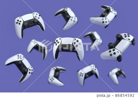 Flying gamer joysticks or gamepads on purple background with blur. 3d rendering of accessories for live streaming concept top view Flying gamer joysticks or gamepads on purple background with blur. 3d rendering of accessories for live streaming concept top view 86854592