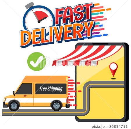 Fast delivery wordmark with panel van and smartphone 86854711