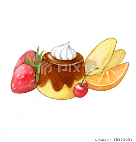 プリンアラモード【手描き水彩画】のイラスト素材 [86855055