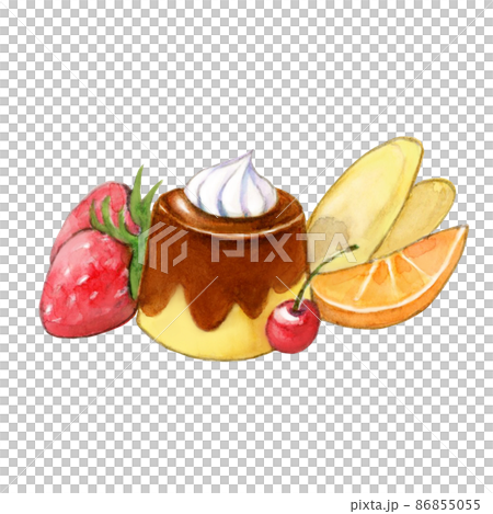 手描きイラスト　ミニ色紙　夏喫茶／プリンアラモード プリンアラモード【手描き水彩画】のイラスト素材 [86855055