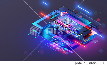 Repair of disassembled cell phone. Broken smartphone, electronic components, mobile processor or chip on pcb board, case, screen, electronic parts hovering. device firmware, data recovery. Concept. Repair of disassembled cell phone. Broken smartphone, electronic components, mobile processor or chip on pcb board, case, screen, electronic parts hovering. device firmware, data recovery. Concept. 86855064