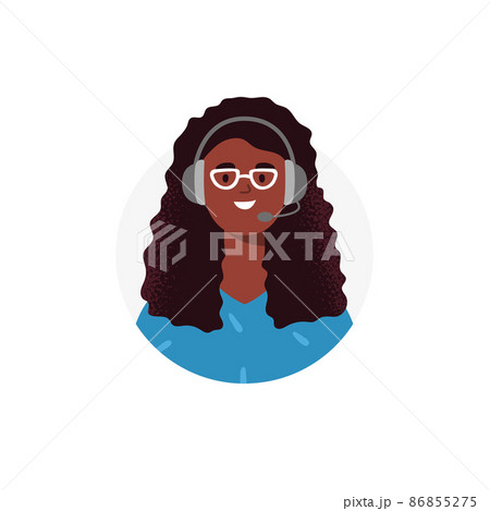 An avatar of african-american woman from a call center. Live chat operators, hotline operator, assistant with headphones. Online global technical support 24 7. Vector flat illustration. An avatar of african-american woman from a call center. Live chat operators, hotline operator, assistant with headphones. Online global technical support 24 7. Vector flat illustration. 86855275