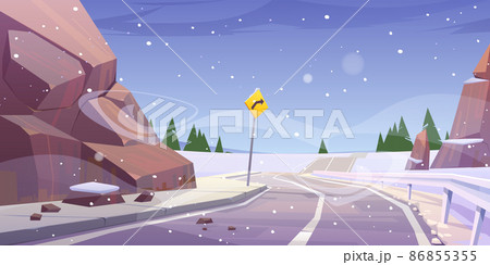 Winter mountain asphalt road with fencing and sign 86855355