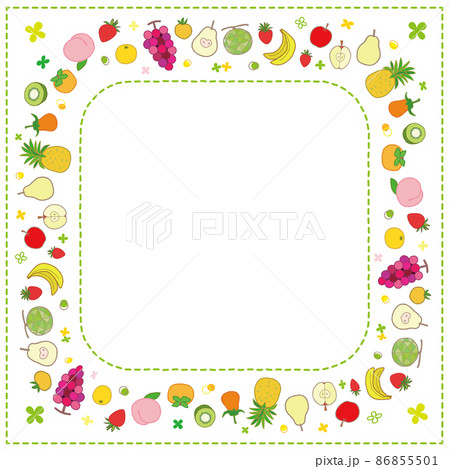 果物のフレーム フォトフレーム 角丸正方形 背景 グリーンステッチ 86855501