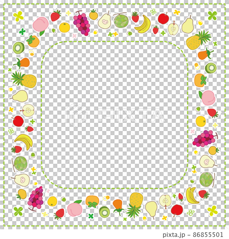 果物のフレーム フォトフレーム 角丸正方形 背景 グリーンステッチ 86855501