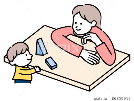 積み木で遊んでいる子供と見守る母親のイラスト素材 86859912