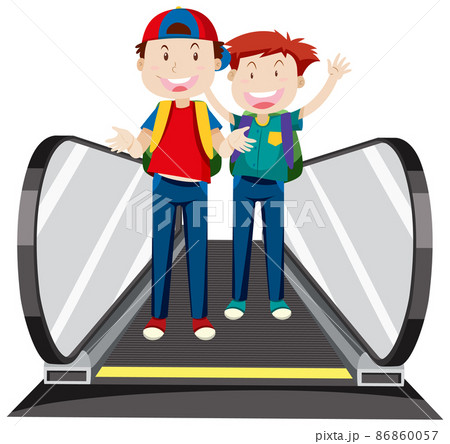 Front view of two boys on moving walkway Front view of two boys on moving walkway 86860057