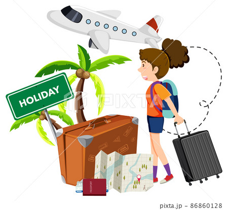 A girl with travelling objects on white background 86860128