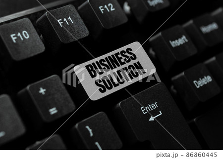 Text sign showing Business Solution. Word for combination of ideas to help company achieve its objective Typing Daily Reminder Notes, Creating Online Writing Presentation 86860445