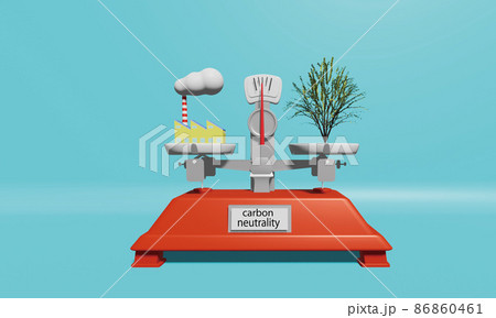 カーボンニュートラルのイメージ（脱炭素社会を目指す）地球温暖化ガスの排出と吸収の差がゼロのイメージ。 86860461
