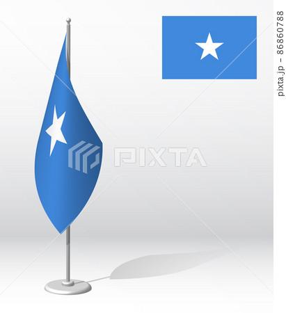 SOMALIA flag on flagpole for registration of solemn event, meeting foreign guests. SOMALIA National independence day. Realistic 3D vector on white SOMALIA flag on flagpole for registration of solemn event, meeting foreign guests. SOMALIA National independence day. Realistic 3D vector on white 86860788