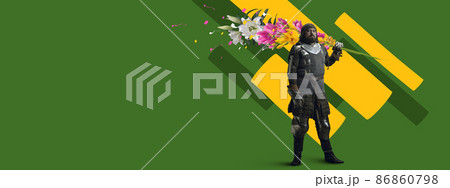 Contemporary art collage. Idea, inspiration, aspiration and creativity. Brutal medieval knight with flowers on bright neon background. Concept of comparison of eras, women's day Contemporary art collage. Idea, inspiration, aspiration and creativity. Brutal medieval knight with flowers on bright neon background. Concept of comparison of eras, women's day 86860798