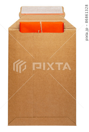 Brown envelope front and back isolated on white background. Letter top view. 86861328